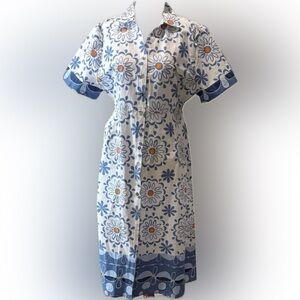 Elegant Blue and White Floral Midi Dress Sz XL Cotton Retro Cottagecore Casual